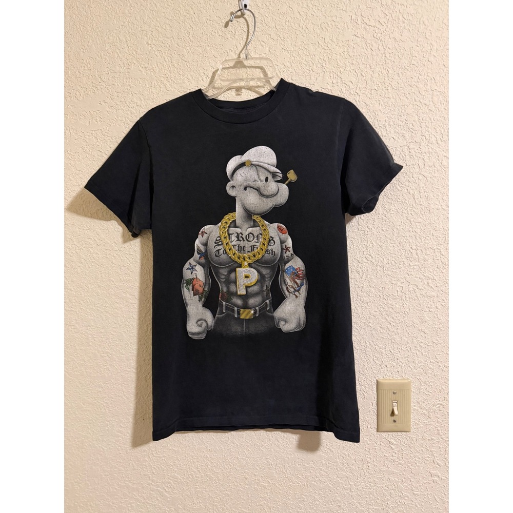 Popeye the Sailor Man Graphic‎ T-Shirt Mens Small Black Gold Chain Urban Tattoo